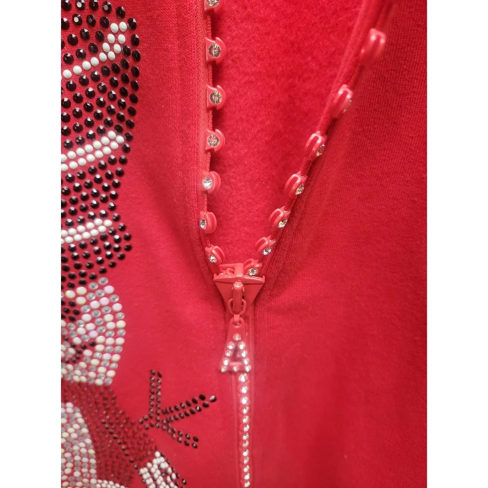 Tia Designs Red Rhinestone Snowman Zip Up Holiday Christmas‎ Sweatshirt Large